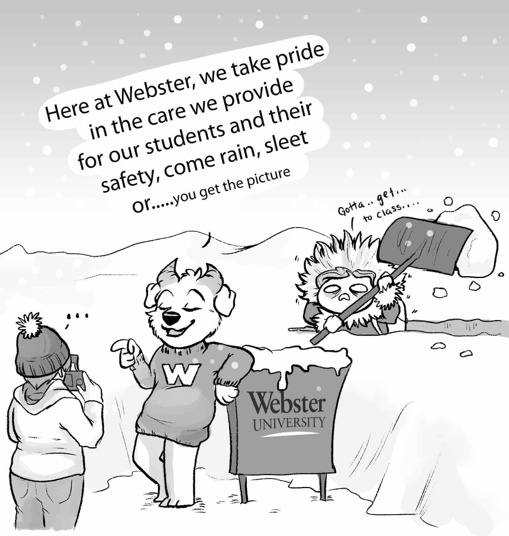 Cartoon characters in snowy scene