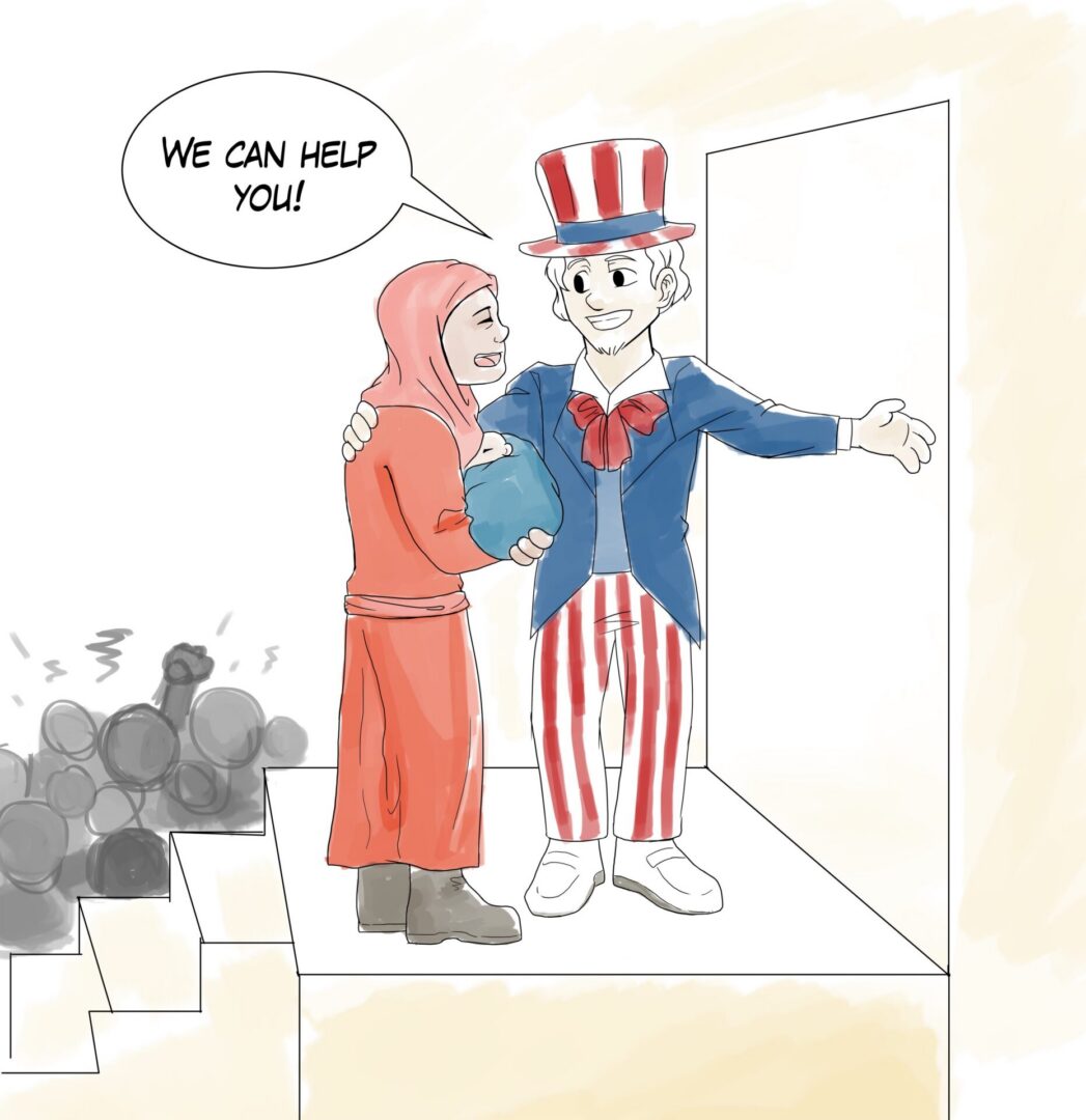 Cartoon character offering help to a woman.