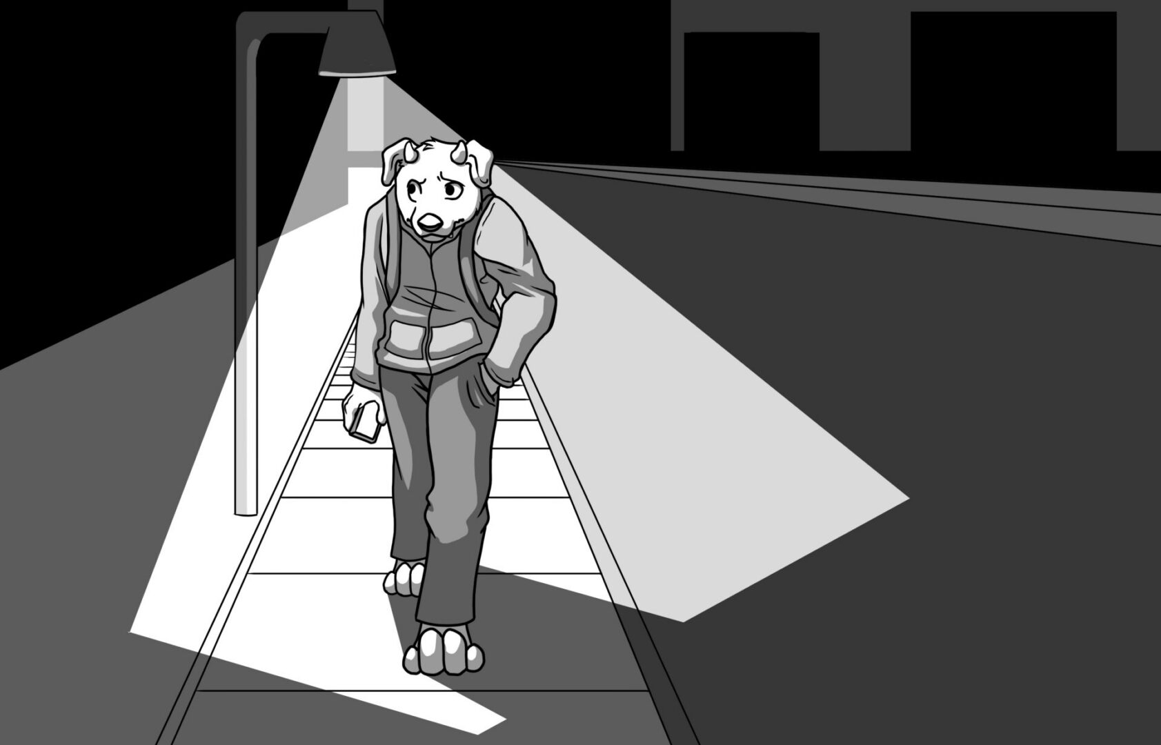Cartoon dog strolling at night