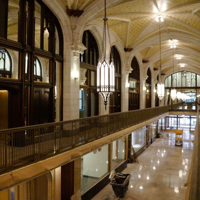 Grand hallway with high ceilings and lights