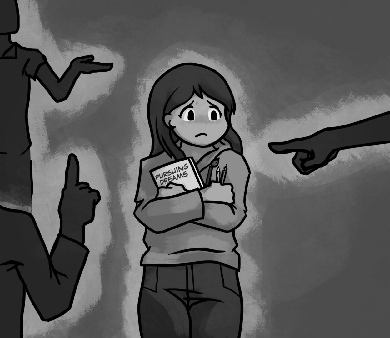 Girl clutching "Pursuing Dreams" book