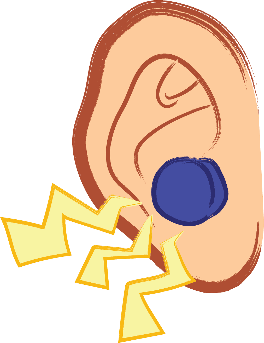 Ear with blue earplug and sound waves