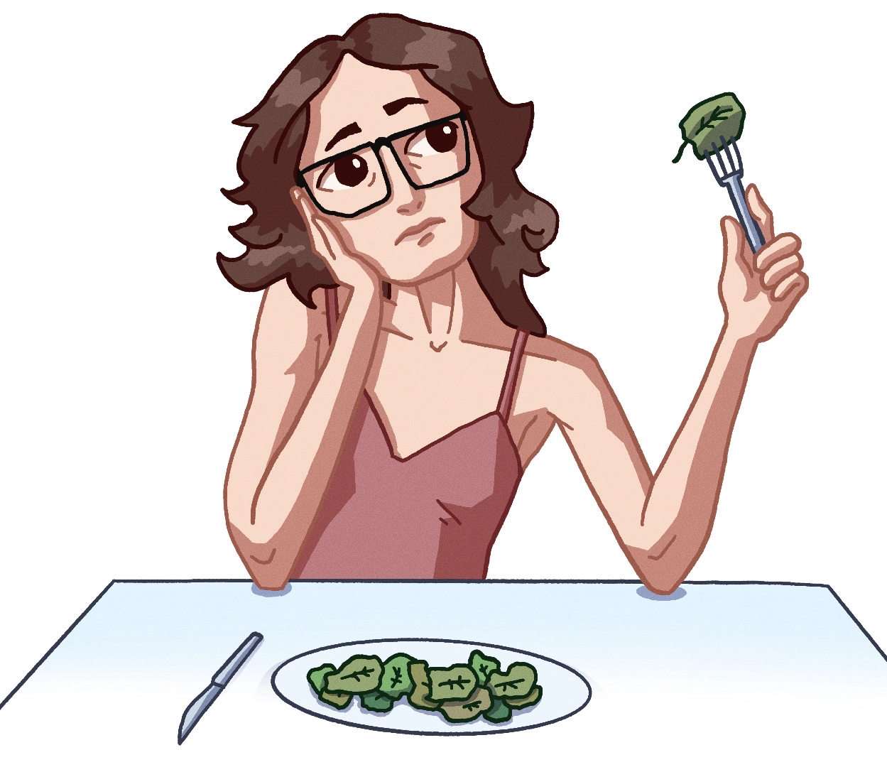 Contemplative woman with spinach on fork