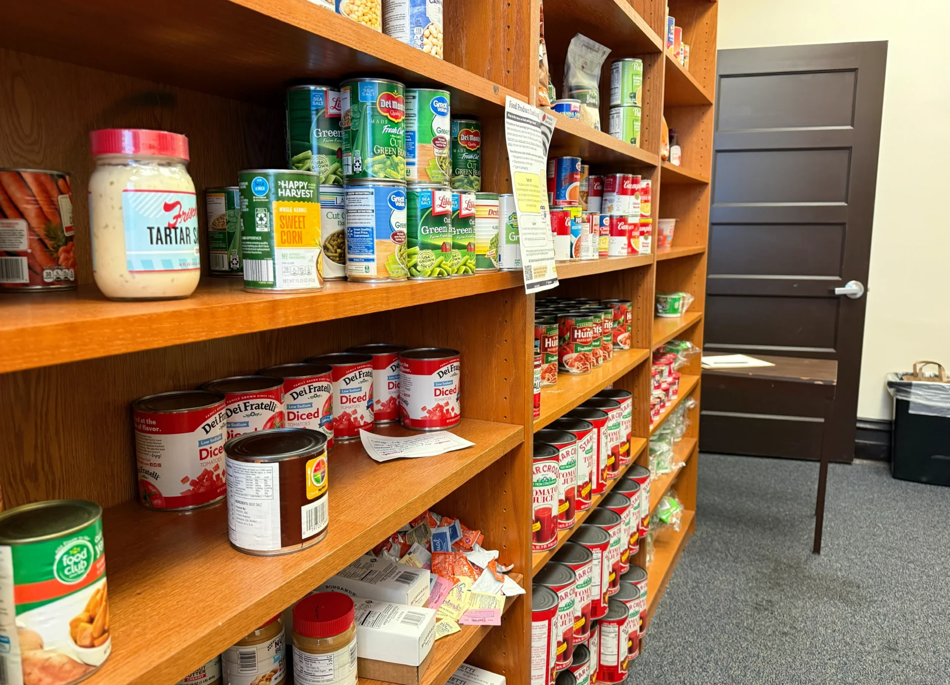 Organized shelves in a food pantry