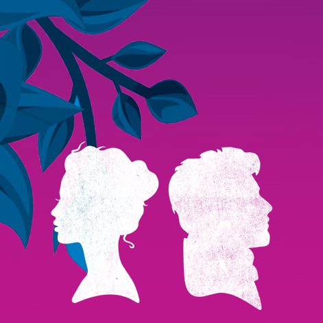 Silhouettes under leaves, purple background