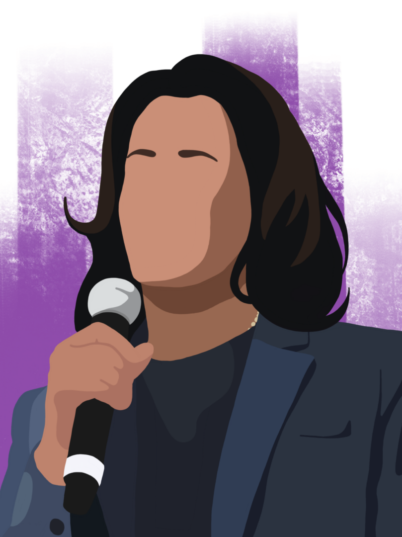 Person with microphone, abstract face, purple backdrop