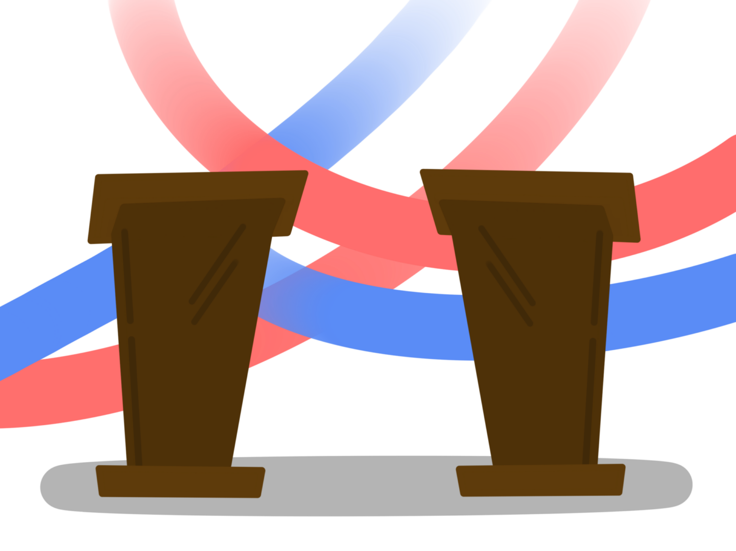 Debate podiums with red and blue ribbons.