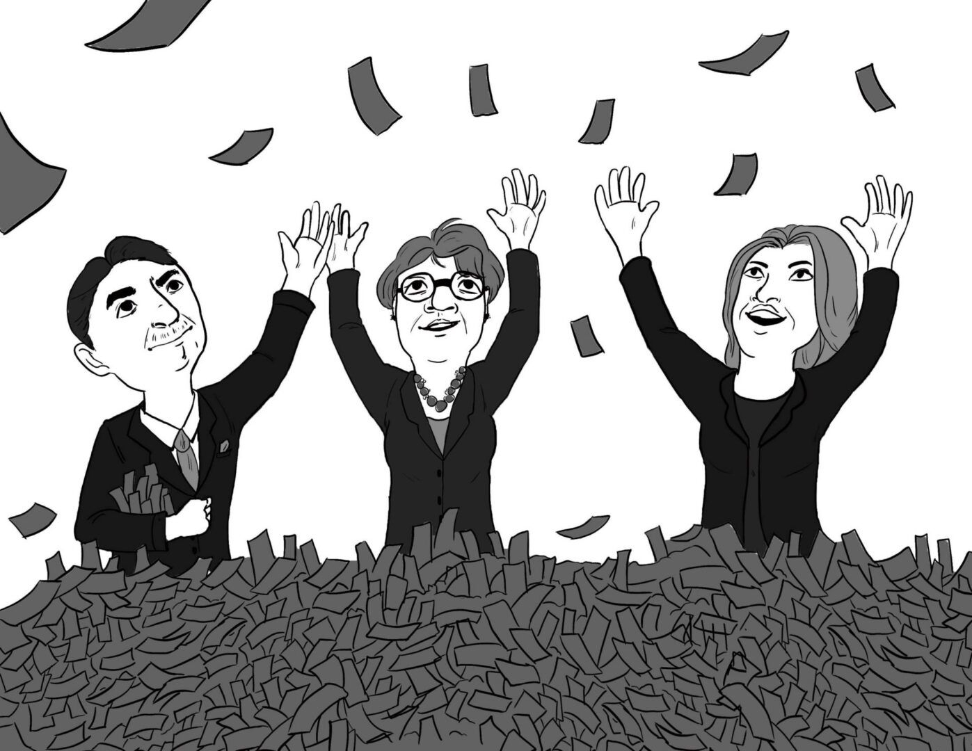Three individuals surrounded by cash