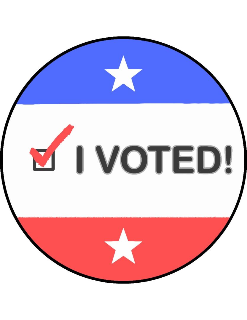 Red, white, blue voting badge