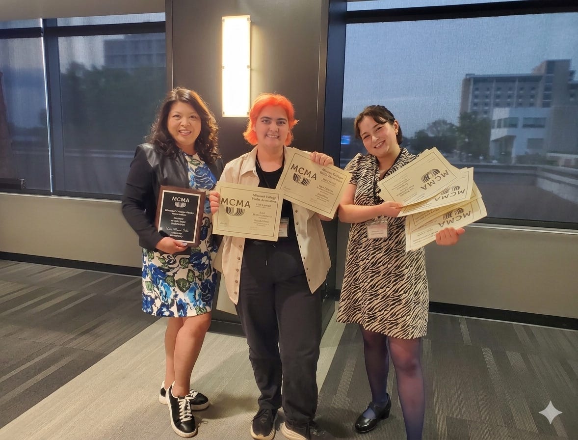(L to R) Adviser Trish Muyco-Tobin, The Journal managing editor Styx Nappier and Ampersand editor-in-chief Emerson Goelz pose with their awards earned at the 2026 Missouri College Media Association awards ceremony. Photo contributed by Trish Muyco-Tobin