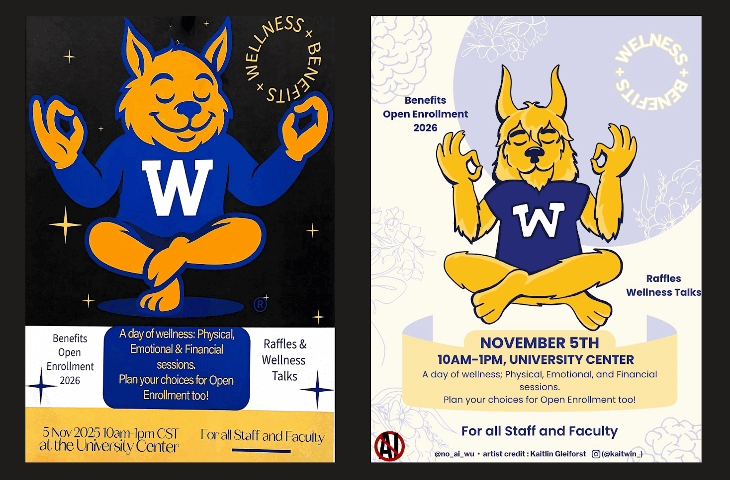 Katilin Gleiforst redrew a campus flyer to contribute to the No AI at Webster University movement. On the left is the original version which contains AI-generated art. Gleiforst’s recreation is on the right.