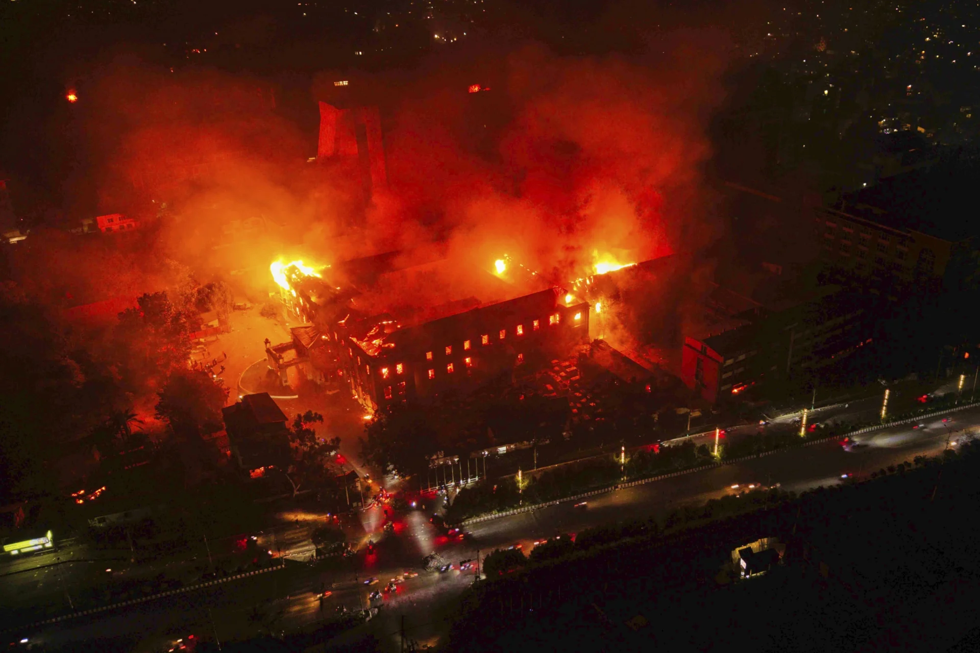 Flames erupt from Nepal President Ram Chandra Poudel’s home after it was set on fire by protesters on Sept. 9. Photos courtesy of Associated Press/Prabin Ranabhat