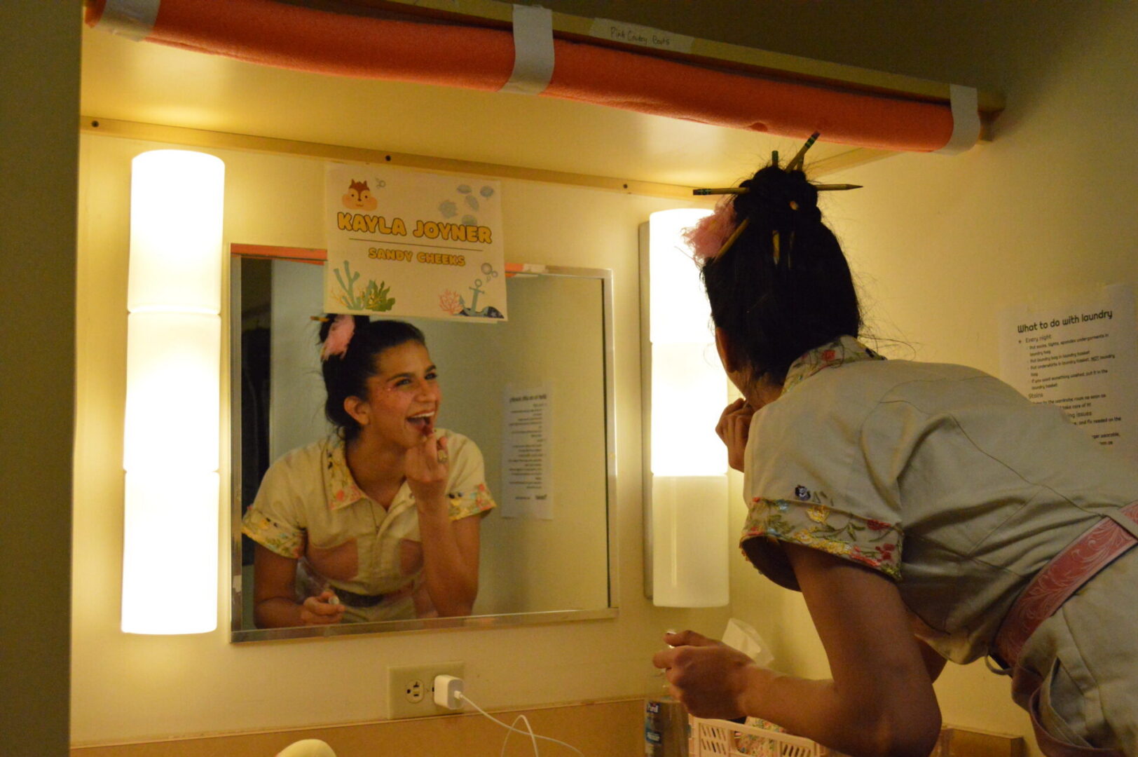 WebCo student Kayla Joyner getting ready in her dressing room to play Sandy Cheeks in “The SpongeBob Musical.” Photo by Shannon Mayo