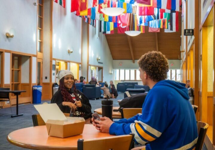 Students conversing under international flags
