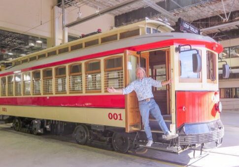 Historic tram in warehouse setting