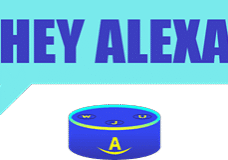 Hey Alexa" text above blue smart speaker