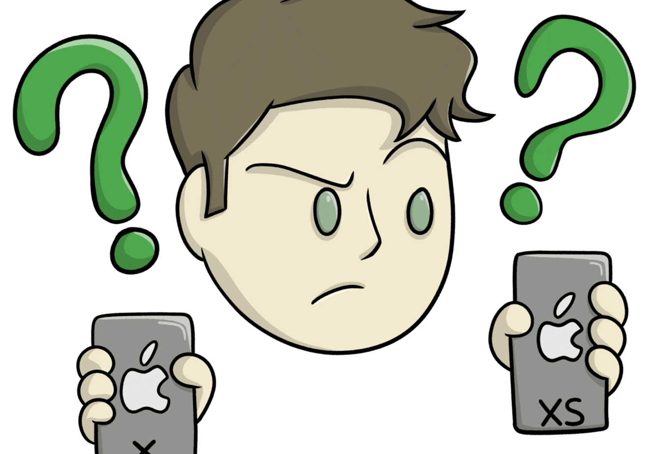 Confused character holding two smartphones