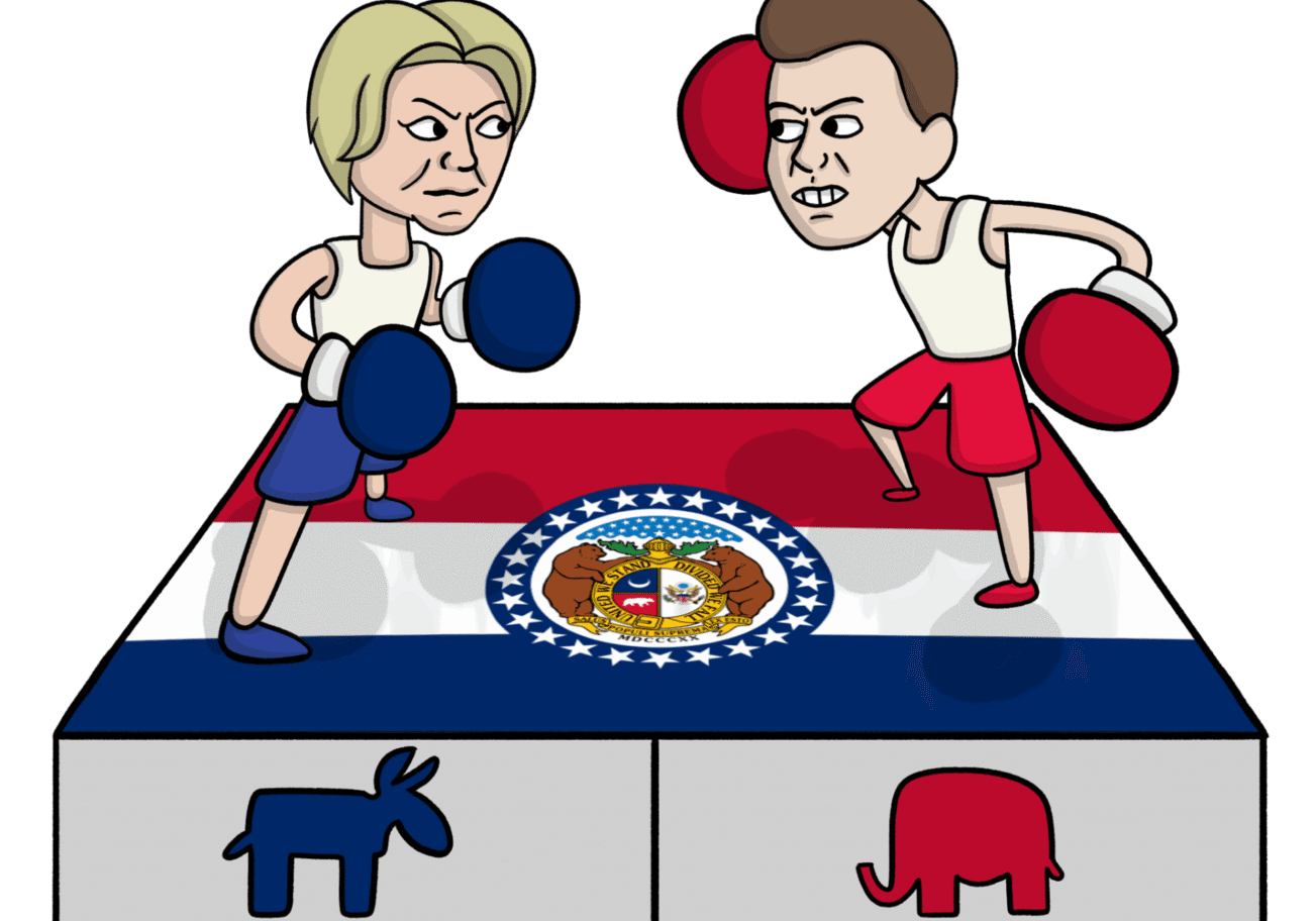 Cartoon boxers on Missouri-themed platform