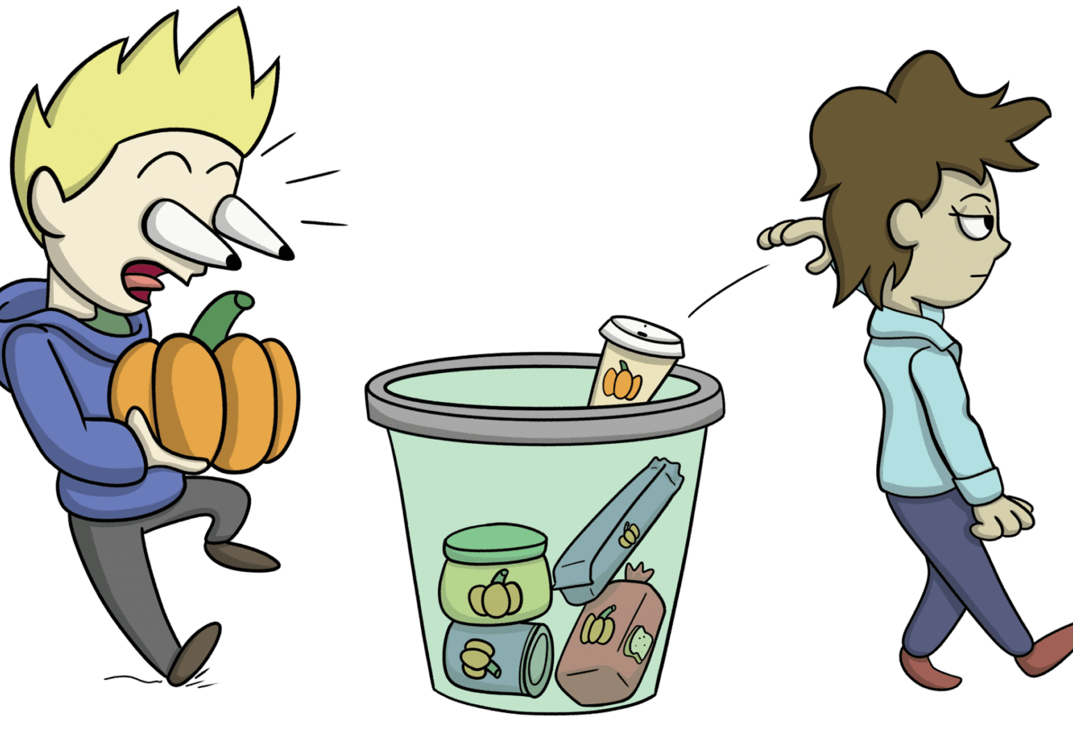 Comical scene with pumpkin and two characters