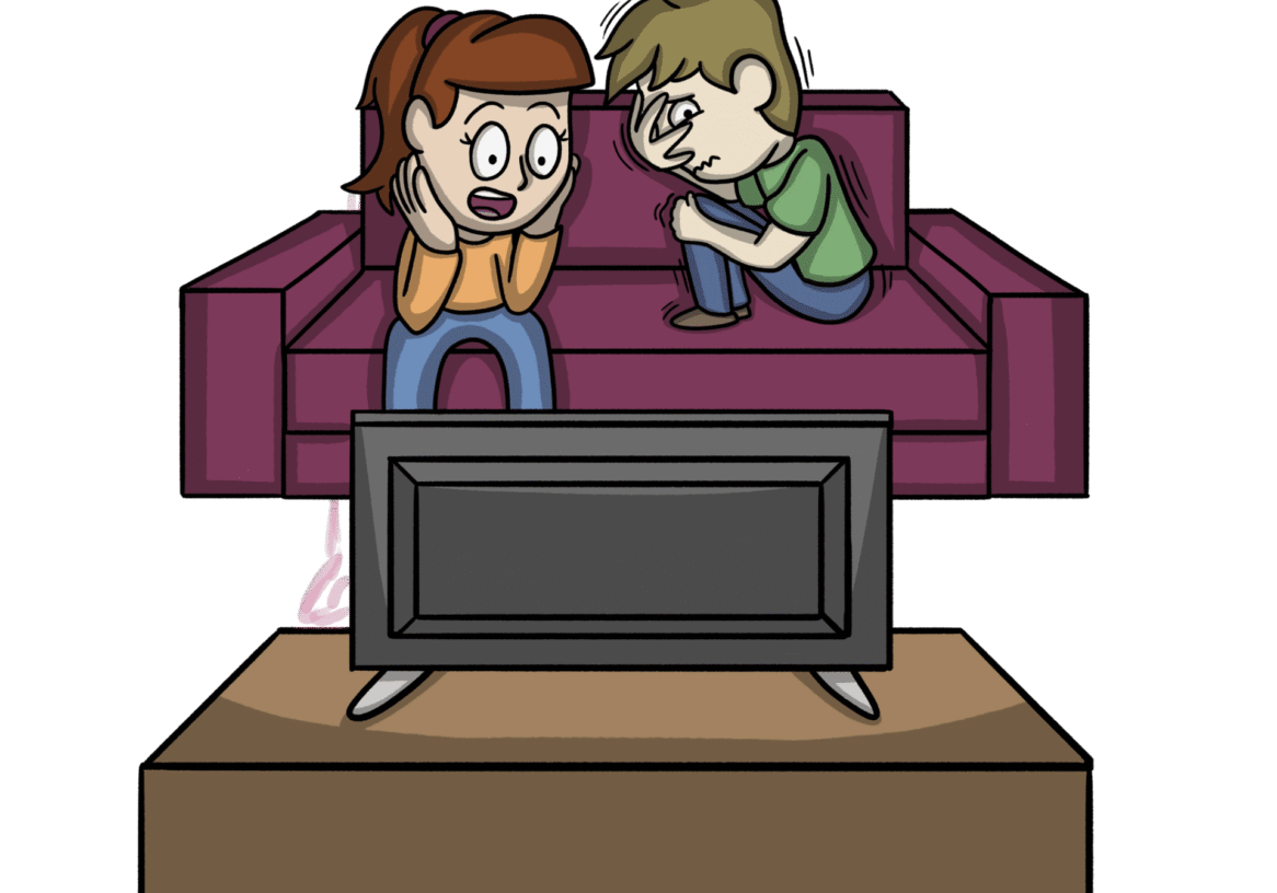 Animated children on a couch watching TV