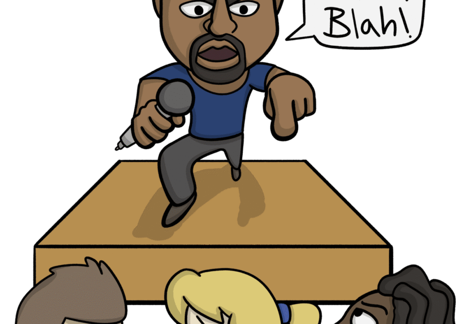 Cartoon man speaking on stage