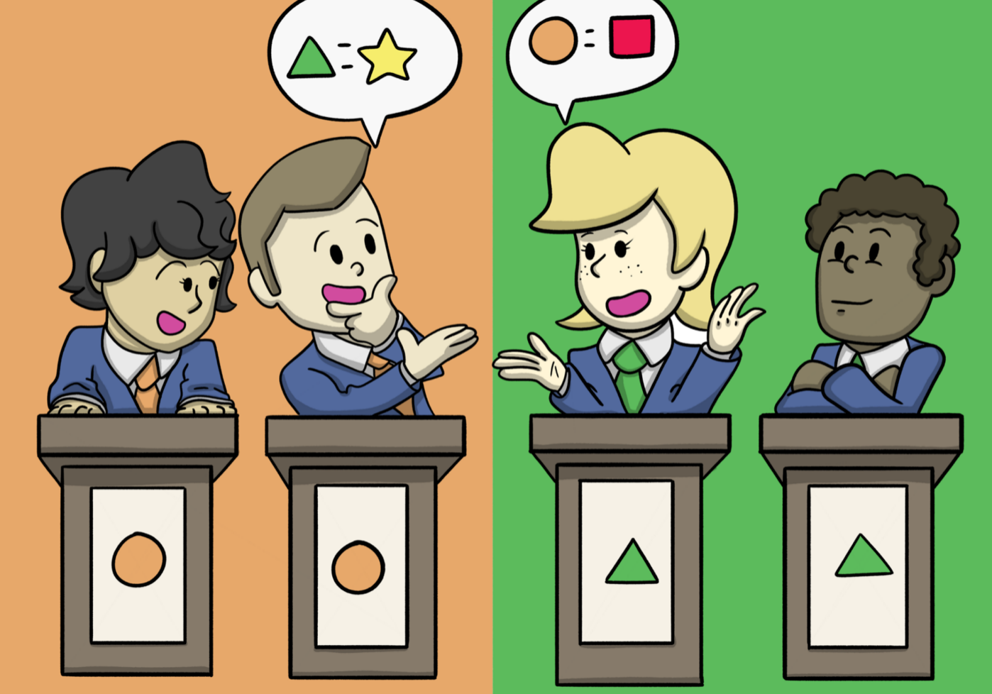 Cartoon debate with four characters