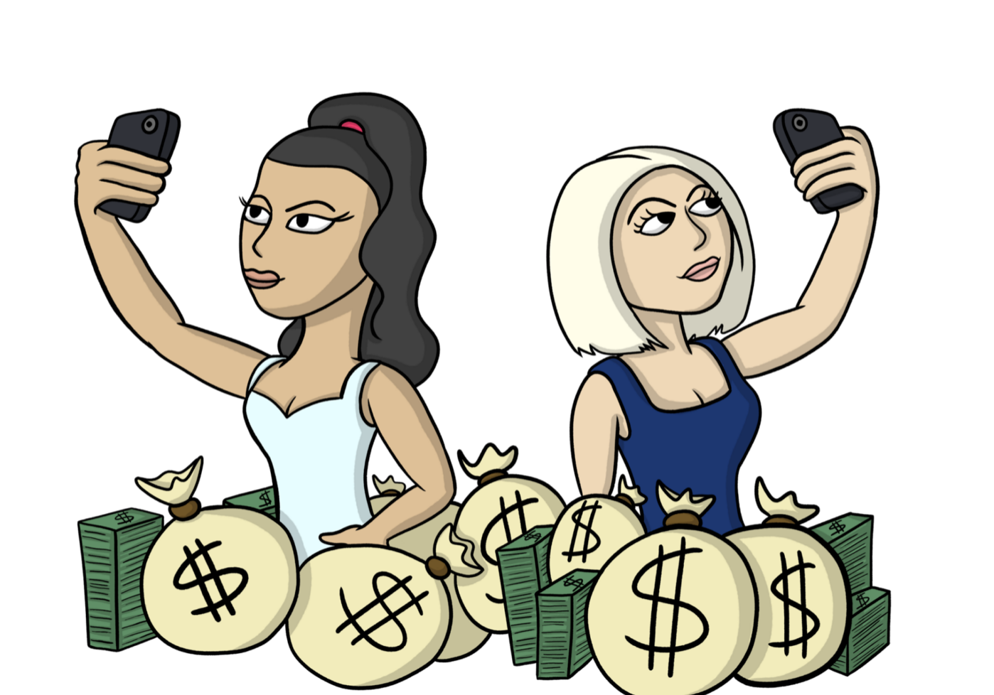 Women taking selfies with money bags