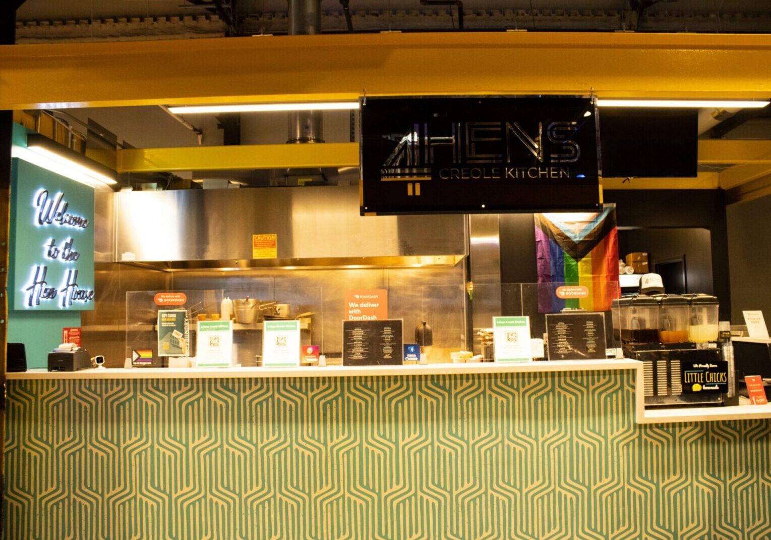Modern kitchen counter with vibrant decor