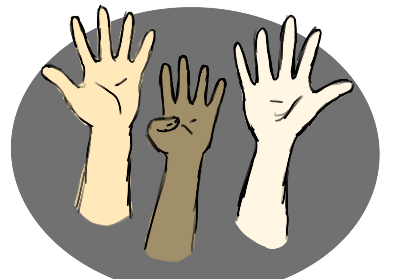 Three raised hands illustration
