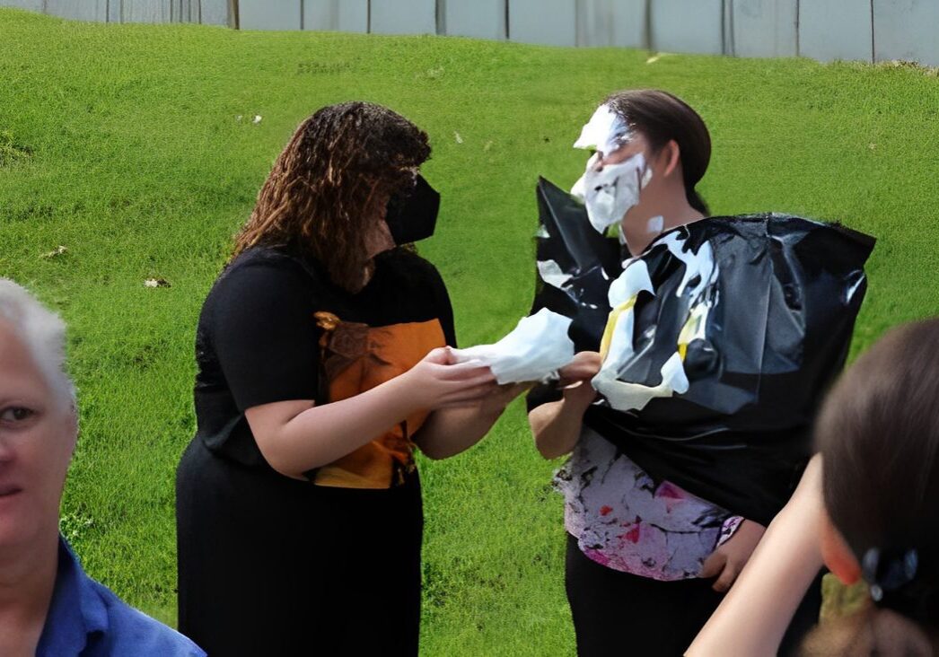 Person covered in whipped cream outdoors