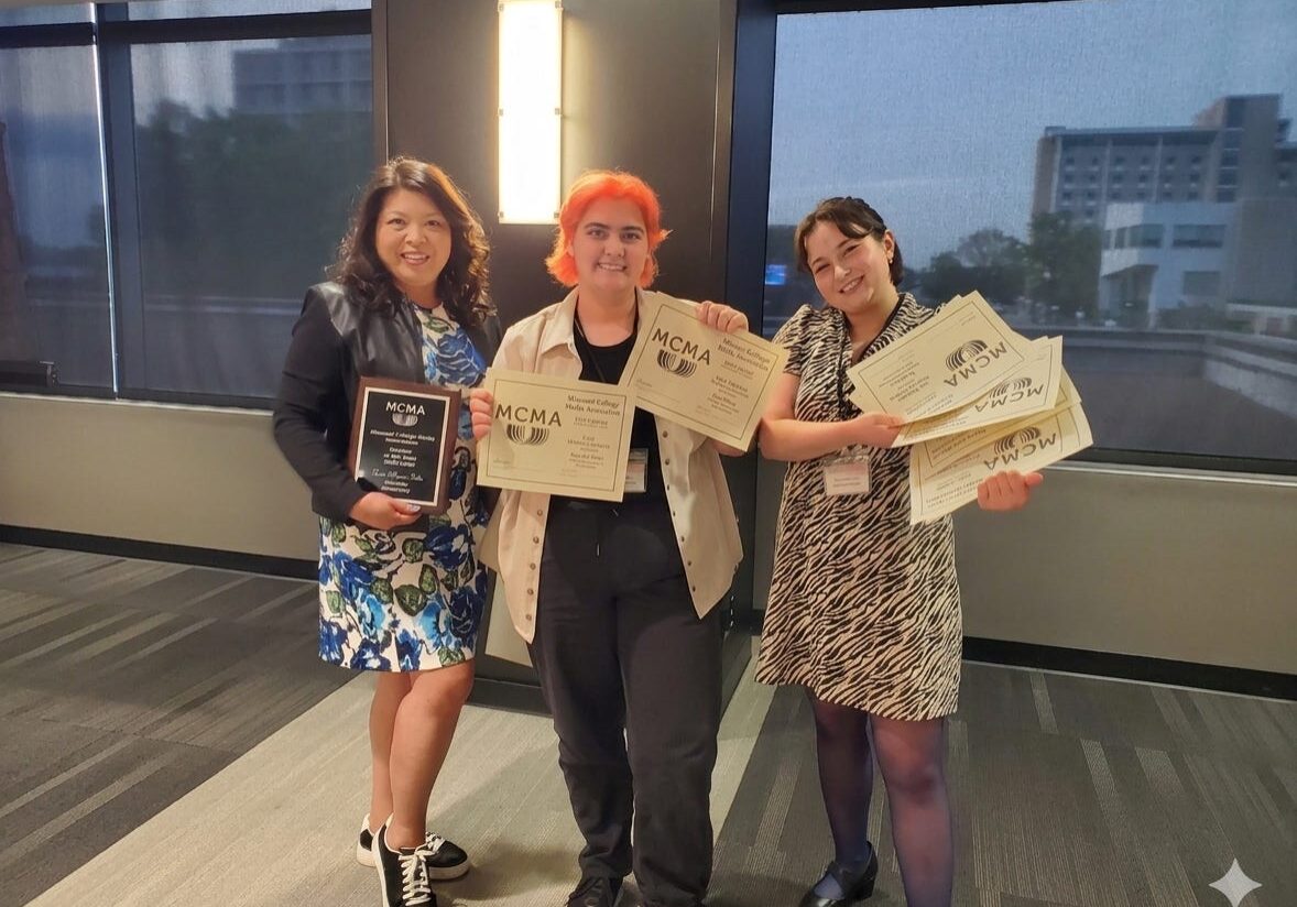 (L to R) Adviser Trish Muyco-Tobin, The Journal managing editor Styx Nappier and Ampersand editor-in-chief Emerson Goelz pose with their awards earned at the 2026 Missouri College Media Association awards ceremony. Photo contributed by Trish Muyco-Tobin