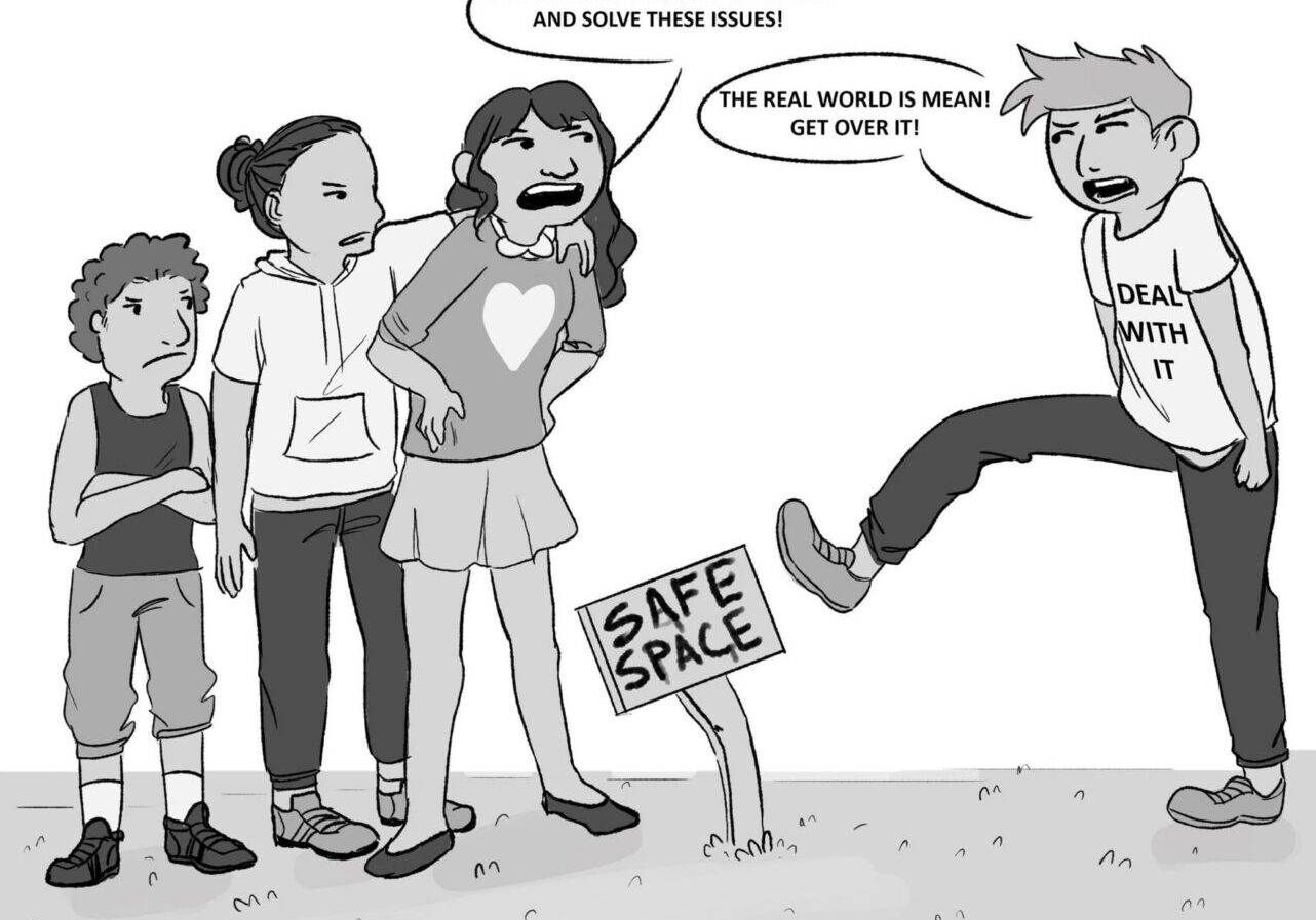 Person kicks "Safe Space" sign, others concerned
