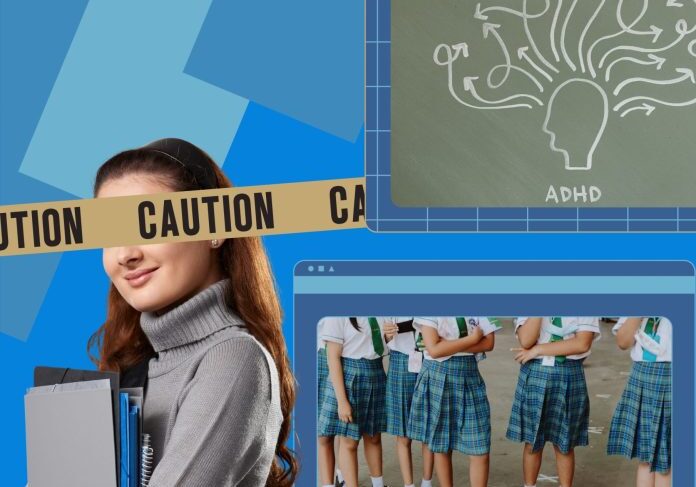 Girl holding books with caution tape