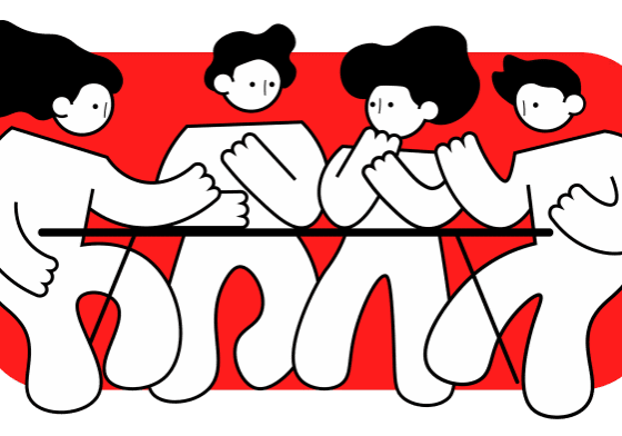 Cartoon figures in discussion