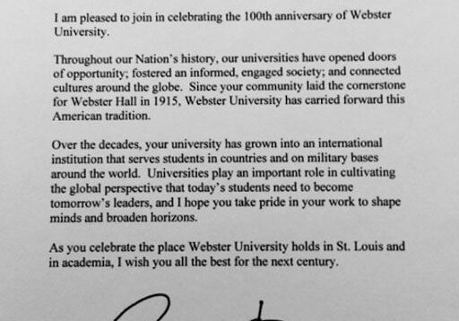 White House congratulatory letter to Webster University