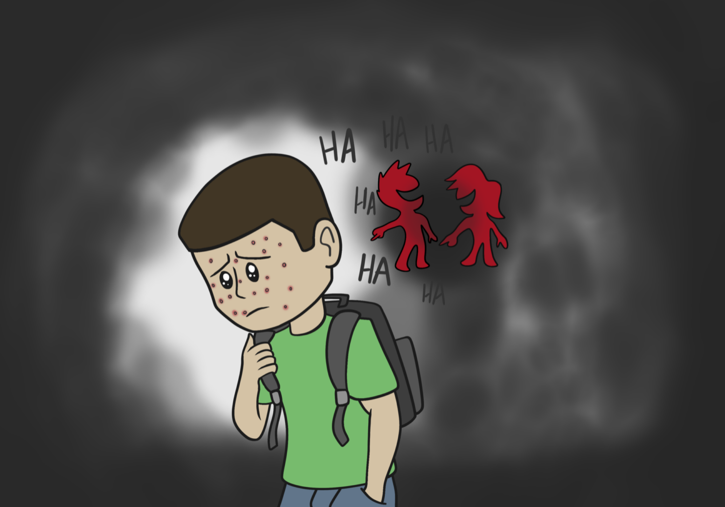 Sad boy with backpack being bullied