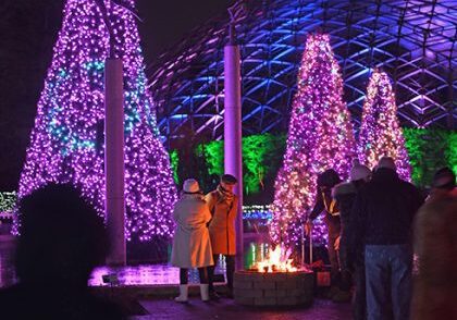 People enjoying a holiday light display