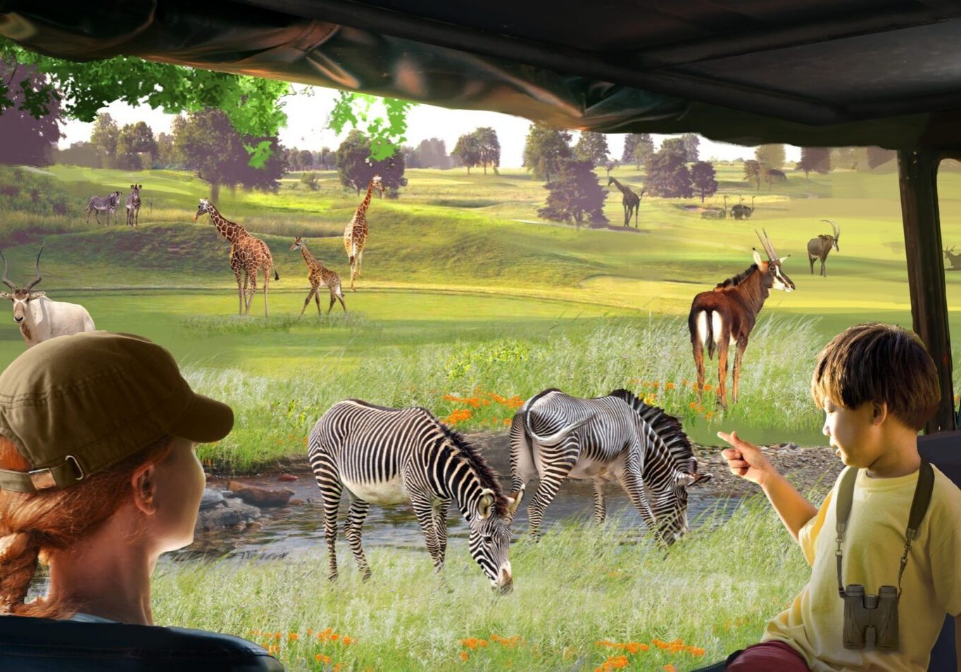 Safari jeep with passengers observing wildlife