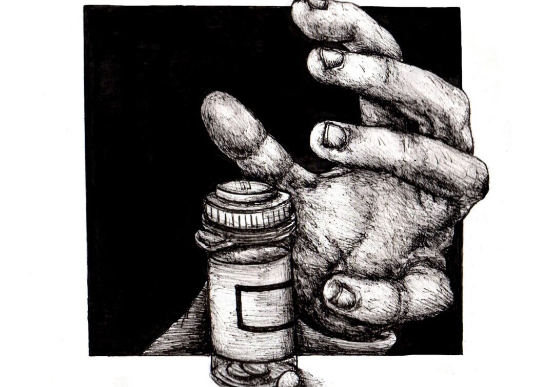 Sketch of hand and medication bottle