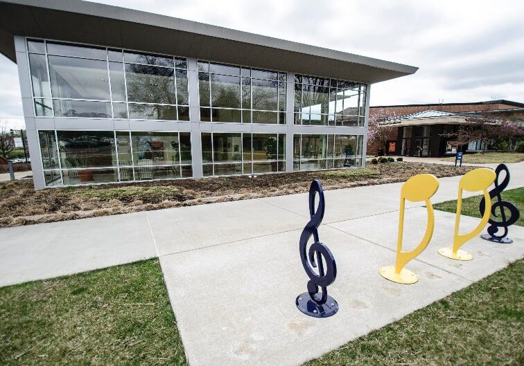 Contemporary architecture with music-themed art