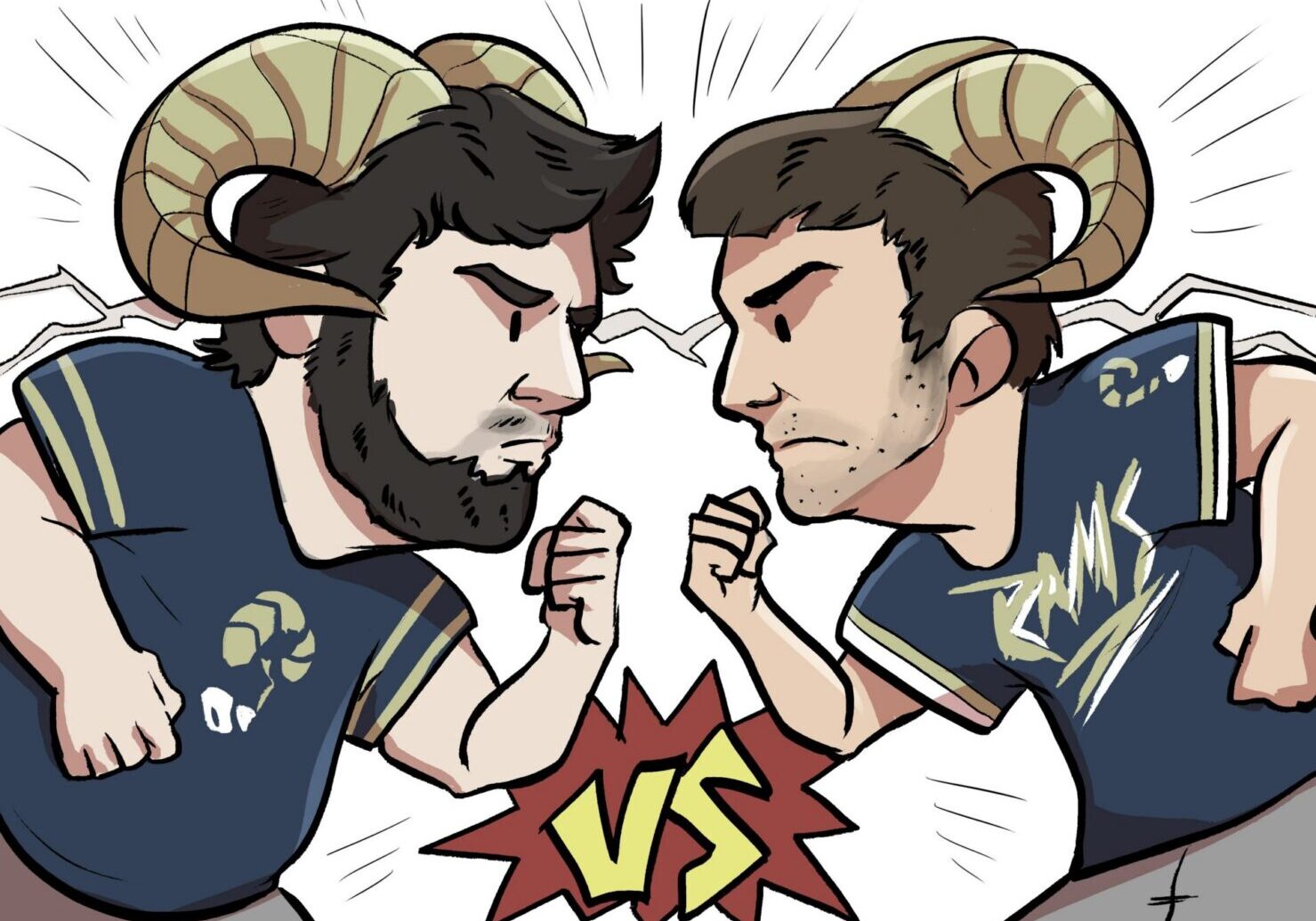 Two cartoon figures with ram horns clashing
