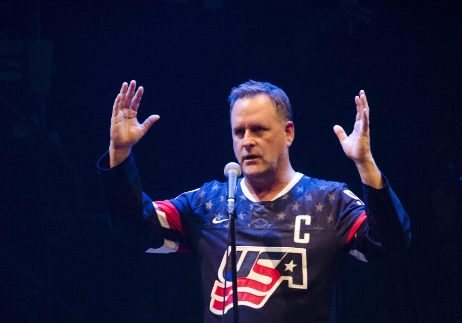 Performer gestures during stand-up comedy act