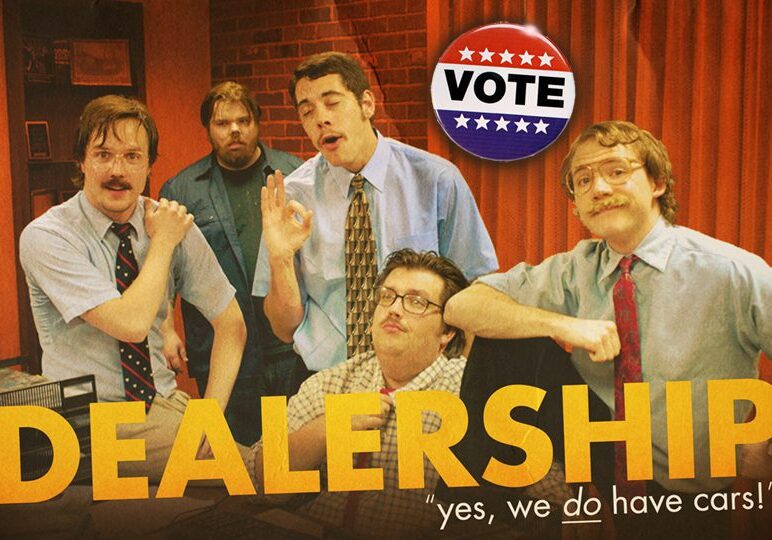 Retro-style office group posing comically
