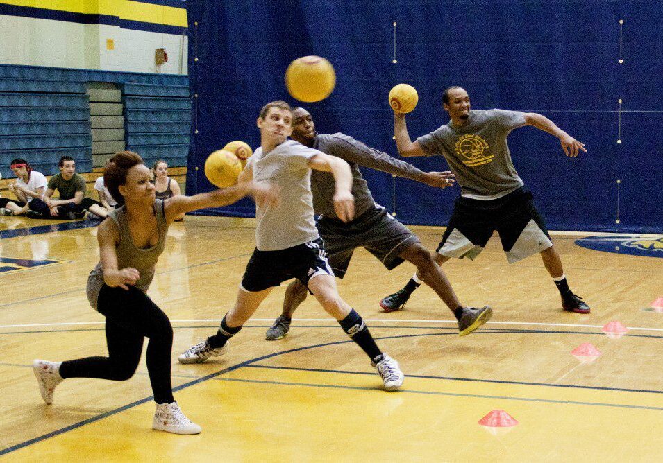 Dodgeball game action with multiple players