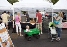 Outdoor market with shoppers and vendors