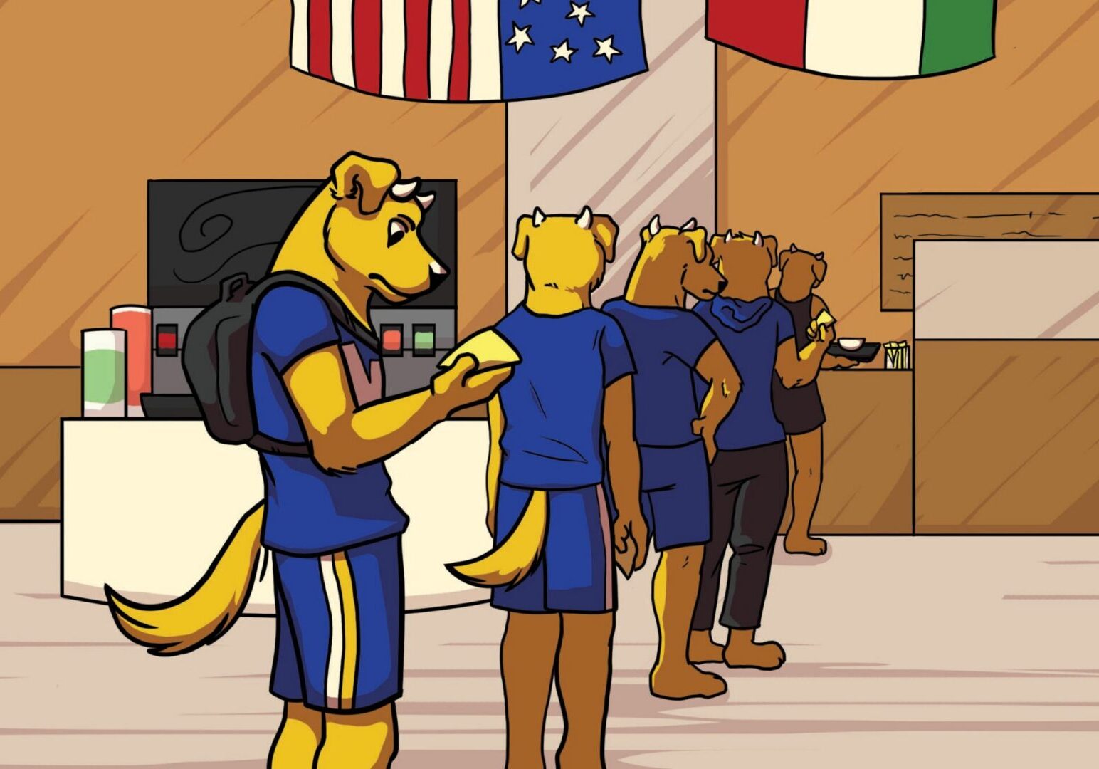Furry characters standing under flags indoors.