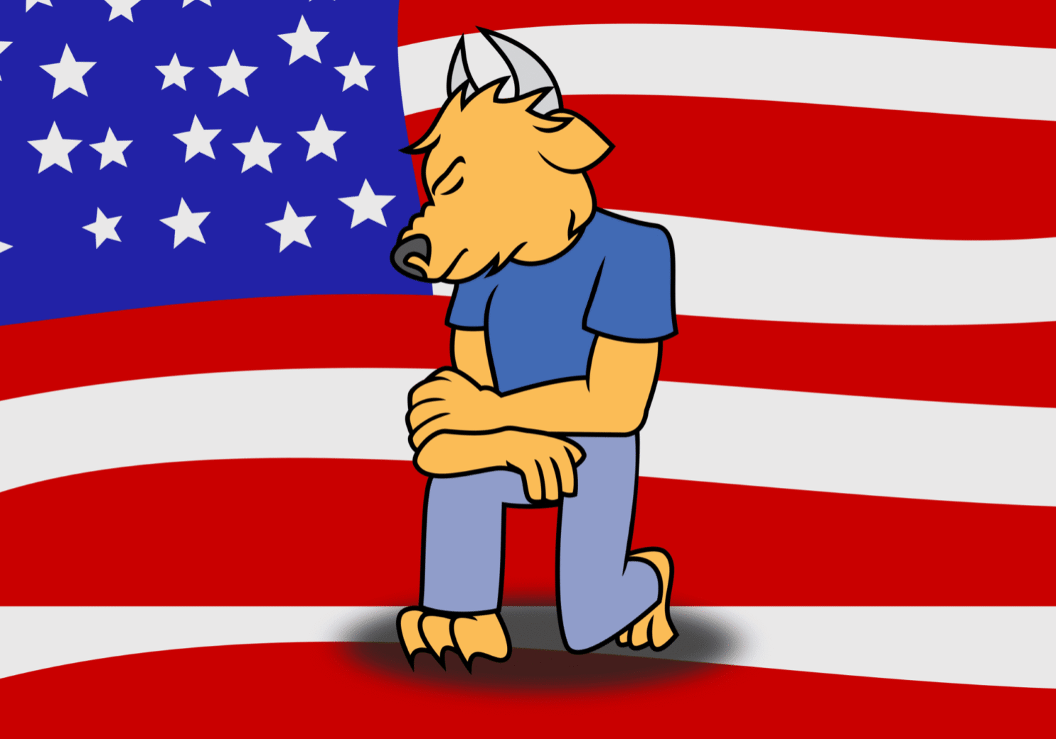 Illustrated creature kneeling on flag background