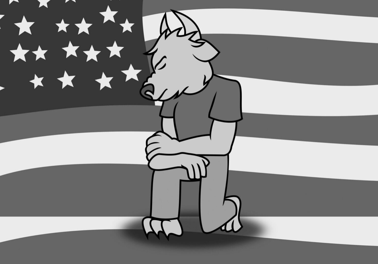 Illustrated creature in front of flag