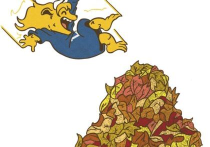 Cartoon character jumping into leaf pile