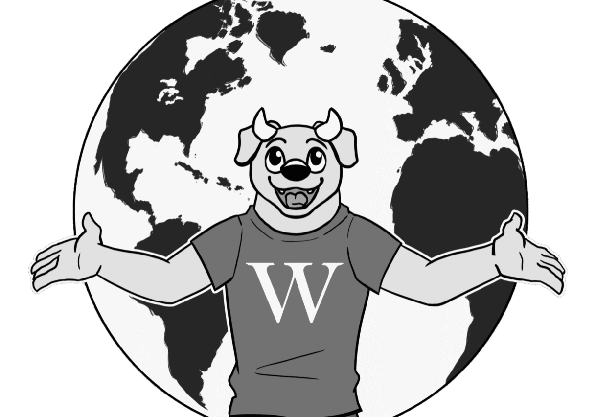 Mascot in front of world map